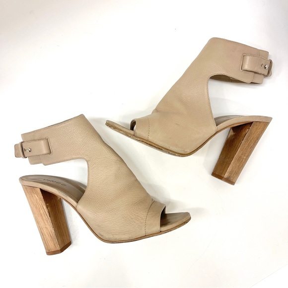 Vince Addie Taupe Tan Nude Buckle Open Toe Leather Heels 9.5 - Picture 1 of 14